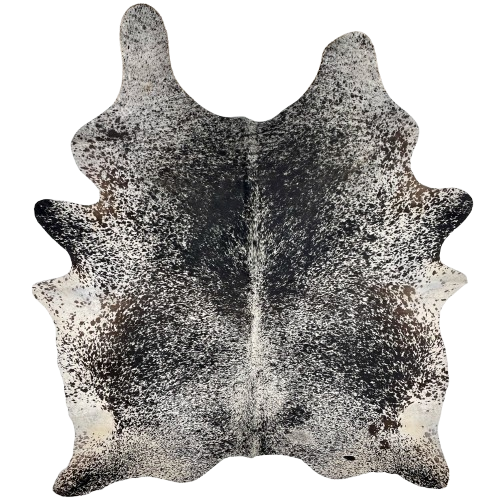 XL Black and White Speckled Brazilian Cowhide: white with black speckles and spots, and it has some brown spots on the belly, one brand mark on the left side of the back, and a small cluster of brand marks on the left side of the butt - 8'3" x 6'6" (BRSP2926)