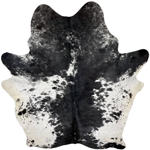 XXL White and Black Speckled Brazilian Cowhide: black with white speckles and spots on the shoulder, fore shanks, and down the middle, and white with black speckles and spots on the sides, belly, and hind shanks - 8'8" x 7' (BRSP2927)