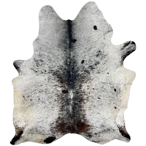 Large Tricolor Speckled Brazilian Cowhide: white with black and dark brown speckles and spots, and off-white on the belly - 7'6" x 5'9" (BRSP2932)