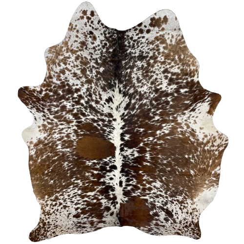 Brown and White Speckled Brazilian Cowhide: off-white with dark golden brown and blackish brown spots and speckles - 7'5" x 5'10" (BRSP2933)