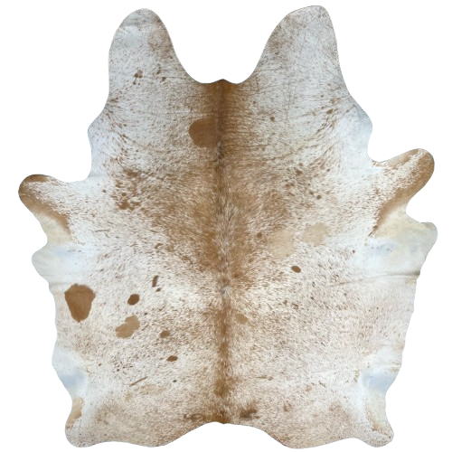 XL White and Caramel Speckled Brazilian Cowhide: white with caramel speckles and spots, and it has one brand mark on each side of the butt - 8' x 6'5" (BRSP2934)