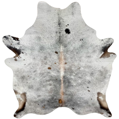 Tricolor Speckled Brazilian Cowhide: white with black and brown speckles and spots, and it has one brand mark on the right side of the butt - 7'3" x 6'2" (BRSP2937)