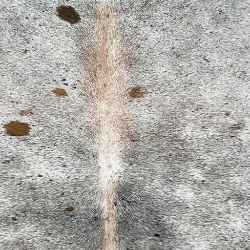 Closeup of this Tricolor Speckled Brazilian Cowhide, showing white with black and brown speckles and spots  (BRSP2937)