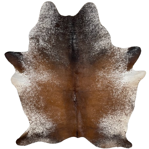 Large Tricolor Speckled Brazilian Cowhide: reddish brown and dark brown with white speckles down the middle, and white with reddish brown and dark brown speckles on the belly, shanks, and part of the shoulder - 7'10" x 6'5" (BRSP2939)