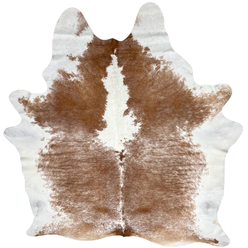 XL Brown and White Speckled Brazilian Cowhide: brown with white speckles, a large, white spot down the middle of the shoulder, and white on the belly, shoulder, and part of the shanks - 8'2" x 7' (BRSP2940)