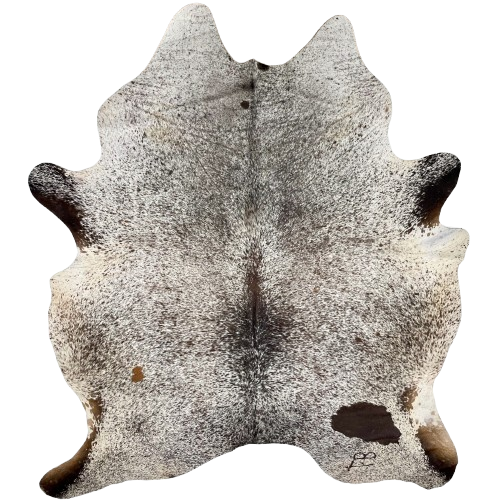 Tricolor Speckled Brazilian Cowhide: white with black and brown speckles and spots, and it has one brand mark on the right side of the butt - 6'10" x 5'6" (BRSP2942)