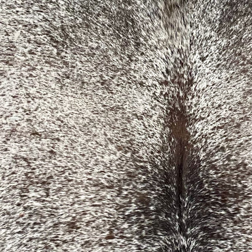 Closeup of this Tricolor Speckled Brazilian Cowhide, showing white with black and brown speckles and spots (BRSP2942)