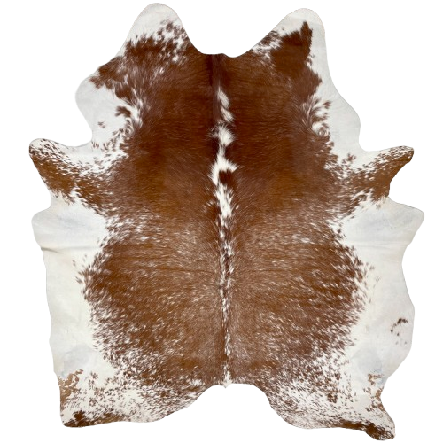 Brown and White Speckled Brazilian Cowhide: brown with white speckles and spots, and it has white with brown speckles on the shanks, and white on the belly - 7'5" x 6'3" (BRSP2947)