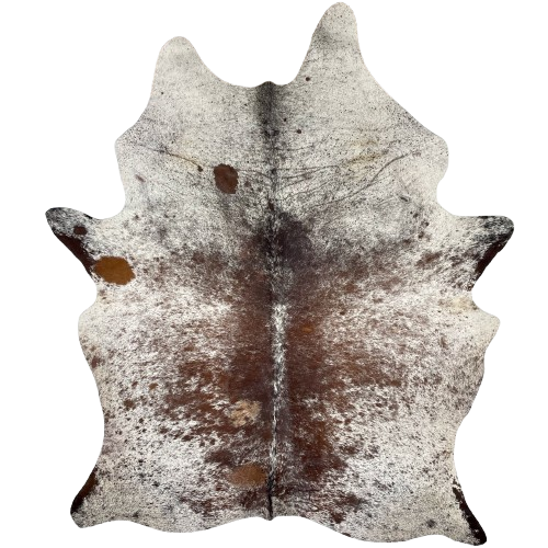 Large Brown and White Speckled Brazilian Cowhide: white with brown speckles and spots, and it has one brand mark on the right side of the butt - 7'8" x 5'4" (BRSP2951)