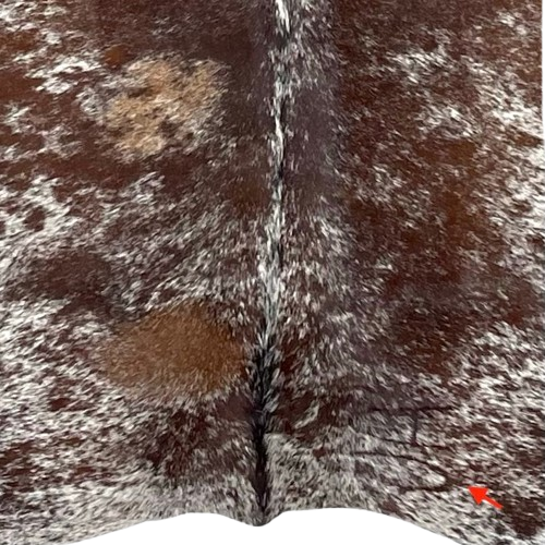 closeup of this Large Brown and White Speckled Brazilian Cowhide, showing one brand mark on the right side of the butt (BRSP2951)