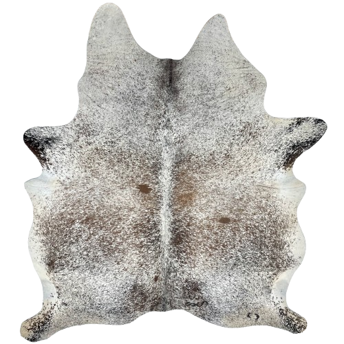 Tricolor Speckled Brazilian Cowhide: white with medium brown and dark brown speckles and spots, and 2 brand marks on the right side of the butt - 6'11" x 5'10" (BRSP2953)