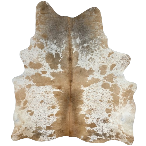 White and Caramel Speckled Brazilian Cowhide: white with caramel speckles and spots, caramel down the middle, and some gray spots on the shoulder, and one brand mark on the left side of the butt - 6'11" x 5'11" (BRSP2954)