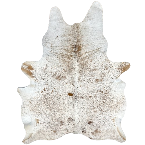 White and Brown Speckled Brazilian Cowhide: white with brown speckles and spots, and it has two brand marks on the left side and one on the right side of the butt - 7'5" x 5'6" (BRSP2959)