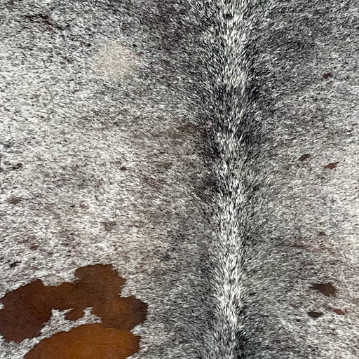 closeup of this Tricolor Speckled Brazilian Cowhide, showing white with black and brown, speckles and spots (BRSP2963)