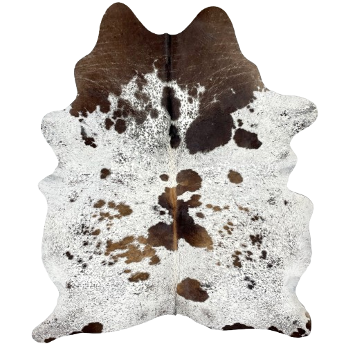 Tricolor Cloudy Speckled Brazilian Cowhide: white with brown spots and cloudy, brown and black speckles - 7'1" x 5'8" (BRSP2964)