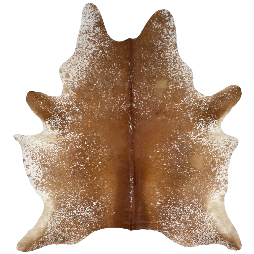 Reddish Brown and White Speckled Brazilian Cowhide: reddish brown with white speckles down the middle, and white with reddish brown speckles on the belly, butt, hind shanks, and edges of the shoulder - 7'1" x 5'9" (BRSP2968)