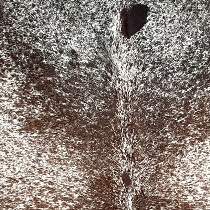 Closeup of this Large Tricolor Speckled Brazilian Cowhide, showing white with brown and black speckles and spots (BRSP2977)