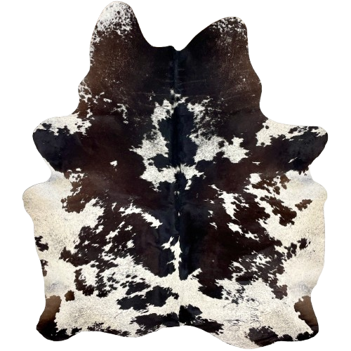 Dark Tricolor Speckled Brazilian Cowhide:    white with black speckles and large and small, dark brown and black spots, and it has two brand marks on the right side of the butt  - 7' x 5'10" (BRSP2997)