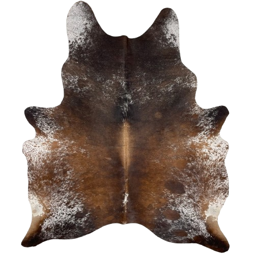 Brown and White Speckled Brazilian Cowhide: brown with white speckles and spots, and light brown down part of the spine - 6'10" x 5'7" (BRSP3010)