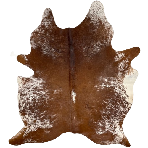 Reddish Brown and White Speckled Brazilian Cowhide: reddish brown with white speckles and spots - 7'1" x 5'5" (BRSP3011)