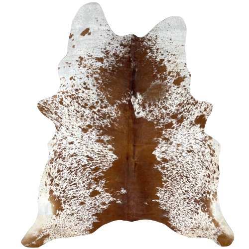 White and Reddish Brown Speckled Brazilian Cowhide: white with reddish brown speckles and spots, and mostly solid reddish brown down the middle of the back and butt - 6'4" x 4'8" (BRSP3019)