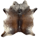 Tricolor Speckled Brazilian Cowhide: has a mix of brown, black, and blackish brown, with fine, white speckles, and white, with black speckles, on part of the shoulder, and ivory with black and brown speckles and spots on the butt, belly, and shanks, and it has one brand mark on the right side of the butt - 5'9" x 4'9" (BRSP3020)