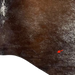Closeup of this Tricolor Speckled Brazilian Cowhide, showing one brand mark on the right side of the butt (BRSP3020)