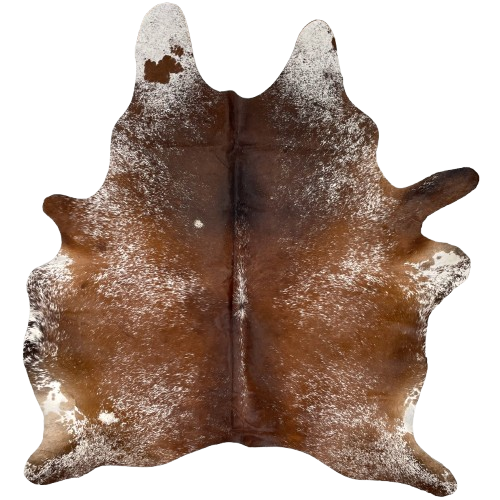 Reddish Brown and White Speckled Brazilian Cowhide: reddish brown with white speckles and spots - 6'7" x 5'7" (BRSP3026)