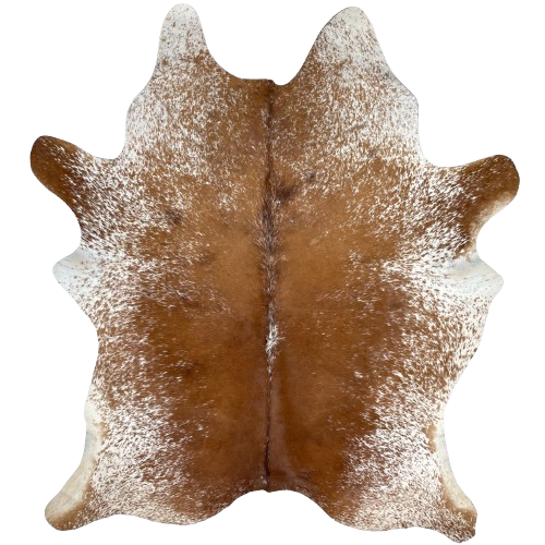 Brown and White Speckled Brazilian Cowhide: brown, with white speckles, down the middle, and white, with brown speckles, on the belly, shanks, and shoulder, and one brand mark on the right side of the butt - 6'8" x 5'2" (BRSP3031)