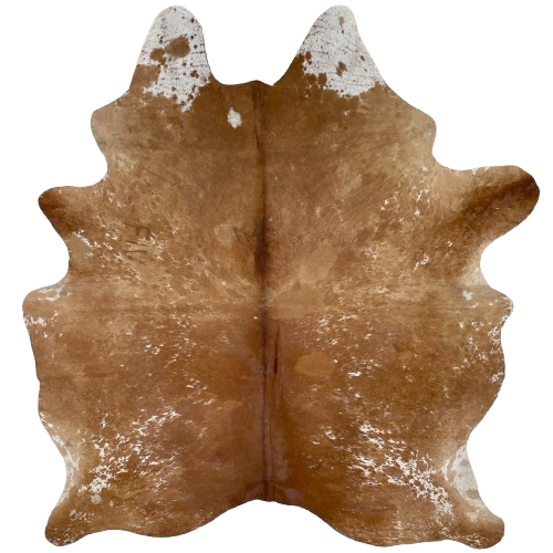 Brown and White Speckled Brazilian Cowhide: brown with white speckles, and three brand marks on the right side of the butt and one near the left fore shank - 7'4" x 5'11" (BRSP3064)