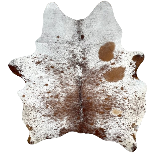 Reddish Brown and White Speckled Brazilian Cowhide: white with reddish brown spots and speckles, and one light beige spot on the right side of the back - 6'6" x 5'11" (BRSP3108)