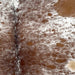 Closeup of this Speckled Brazilian Cowhide, showing white with reddish brown spots and speckles, and one light beige spot on the right side of the back (BRSP3108)
