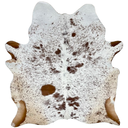White and Dark Brown Speckled Brazilian Cowhide: white with dark brown speckles and spots, and it has almond on the belly, butt, and hind shanks - 7'2" x 5'9" (BRSP3116)