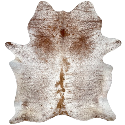Reddish Brown and White Speckled Brazilian Cowhide: white with reddish brown speckles and spots, and one brand mark near the left, hind shank - 7'2" x 5'4" (BRSP3124)