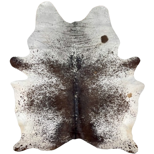 Large Dark Brown and White Speckled Brazilian Cowhide: white with dark brown speckles and spots, and two small, lighter brown spots on the right side - 7'11" x 6'2" (BRSP3135)