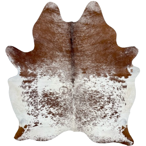 Reddish Brown and white Speckled Brazilian Cowhide: white with reddish brown speckles and spots, and one brand mark on the left side of the back - 6'10" x 5'8" (BRSP3139)