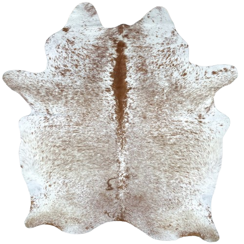 White and Reddish Brown Speckled Brazilian Cowhide: white with reddish brown speckles and spots, and it has two brand marks on the left side and one on the right side - 7'4" x 5'10" (BRSP3140)