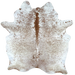White and Reddish Brown Speckled Brazilian Cowhide: white with reddish brown speckles and spots, and it has two brand marks on the left side and one on the right side - 7'4" x 5'10" (BRSP3140)