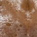 Closeup of this Large Speckled Brazilian Cowhide, showing reddish brown with fine, white speckles on the back, and white with reddish brown speckles and spots on the sides and shoulder (BRSP3144)