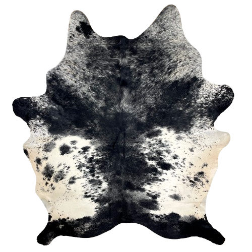 Large Black and Off-White Speckled Brazilian Cowhide: off-white with black speckles and spots on the sides, cream white on the belly, and black with white speckles across the butt and shoulder, and down the middle - 7'8" x 6'2" (BRSP3160)