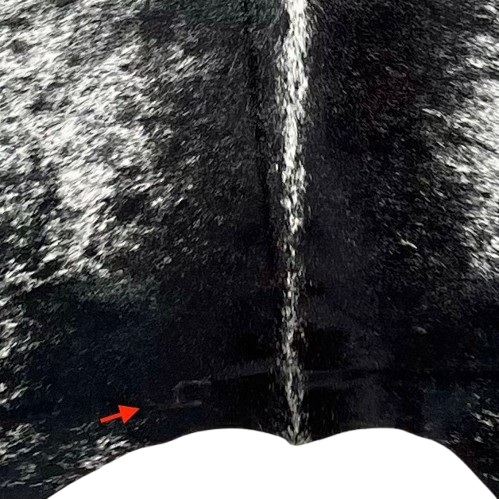 Closeup of this Speckled Black and White Brazilian Cowhide, showing one brand mark on the left side of the butt (BRSP3162