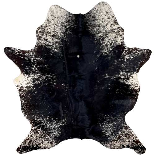 Black and White Speckled Brazilian Cowhide: black, with a few white speckles, down the back and across the middle, and white with black speckles on the butt, shanks, and part of the shoulder - 7' x 5'3" (BRSP3166)