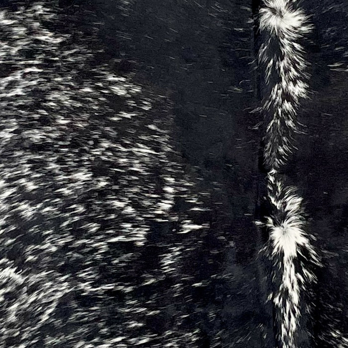 Closeup of this Speckled Brazilian Cowhide, showing white with black speckles and spots, and black down both sides of a white speckled spine  (BRSP3171)