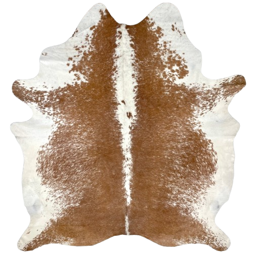 Brown and White Speckled Brazilian Cowhide: has brown with white speckles down both side and on the shanks, white with brown speckles down the middle and on part of the shoulder, and white on the belly - 7' x 5'11" (BRSP3175)