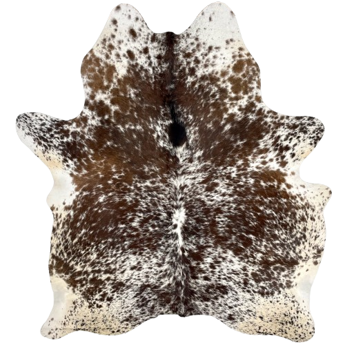 Brown and White Speckled Brazilian Cowhide: white with brown speckles and spots, and it is off-white, with brown speckles and spots, on the belly, butt, and hind shanks - 7' x 5'7" (BRSP3178)