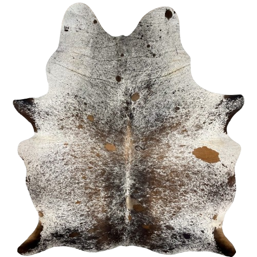 Tricolor Speckled Brazilian Cowhide: white with brown and black speckles and spots, and one inconspicuous brand mark on both sides of the butt, and another brand mark on the right side of the back - 7'5" x 5'10" (BRSP3180)