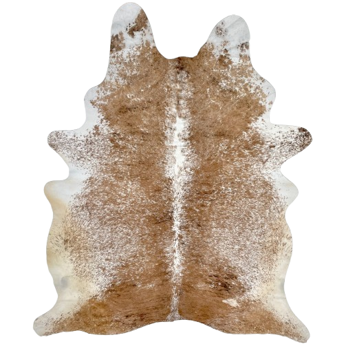 Brown and White Speckled Brazilian Cowhide: white with brown speckles and spots, and a few strips of blackish brown, and off-white on the belly and hind shanks - 7'2" x 5'2" (BRSP3195)