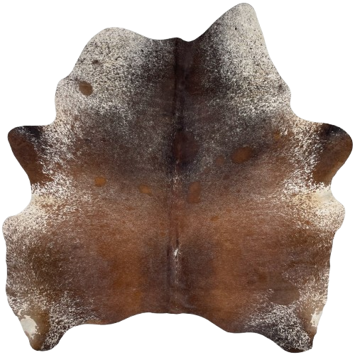 Reddish Brown and White Speckled Brazilian Cowhide: reddish brown and dark brown with fine, white speckles, and off-white, with reddish brown and dark brown speckles on the belly, shanks, and part of the shoulder - 5'11" x 5'10" (BRSP3196)