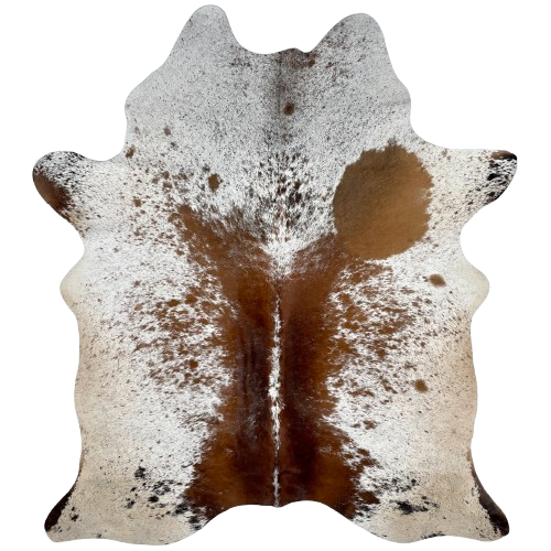 White and Dk Reddish Brown Speckled Brazilian Cowhide: white with dark reddish brown speckles and spots, and it has almond on the belly, butt, and hind shanks - 6'2" x 4'6" (BRSP3198)