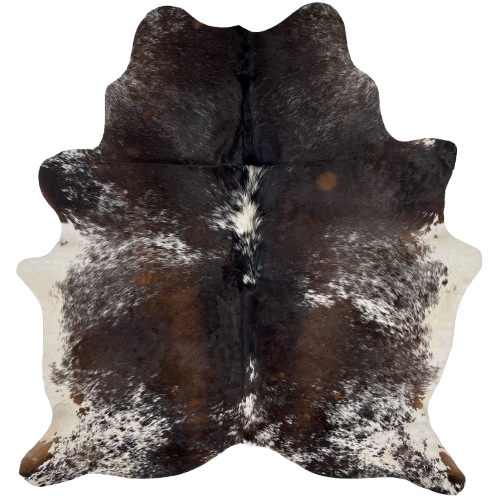 Dark Brown and White Speckled Brazilian Cowhide: has a mix of dark brown and dark golden brown with white speckles and spots - 6'2" x 5'4"(BRSP3199)